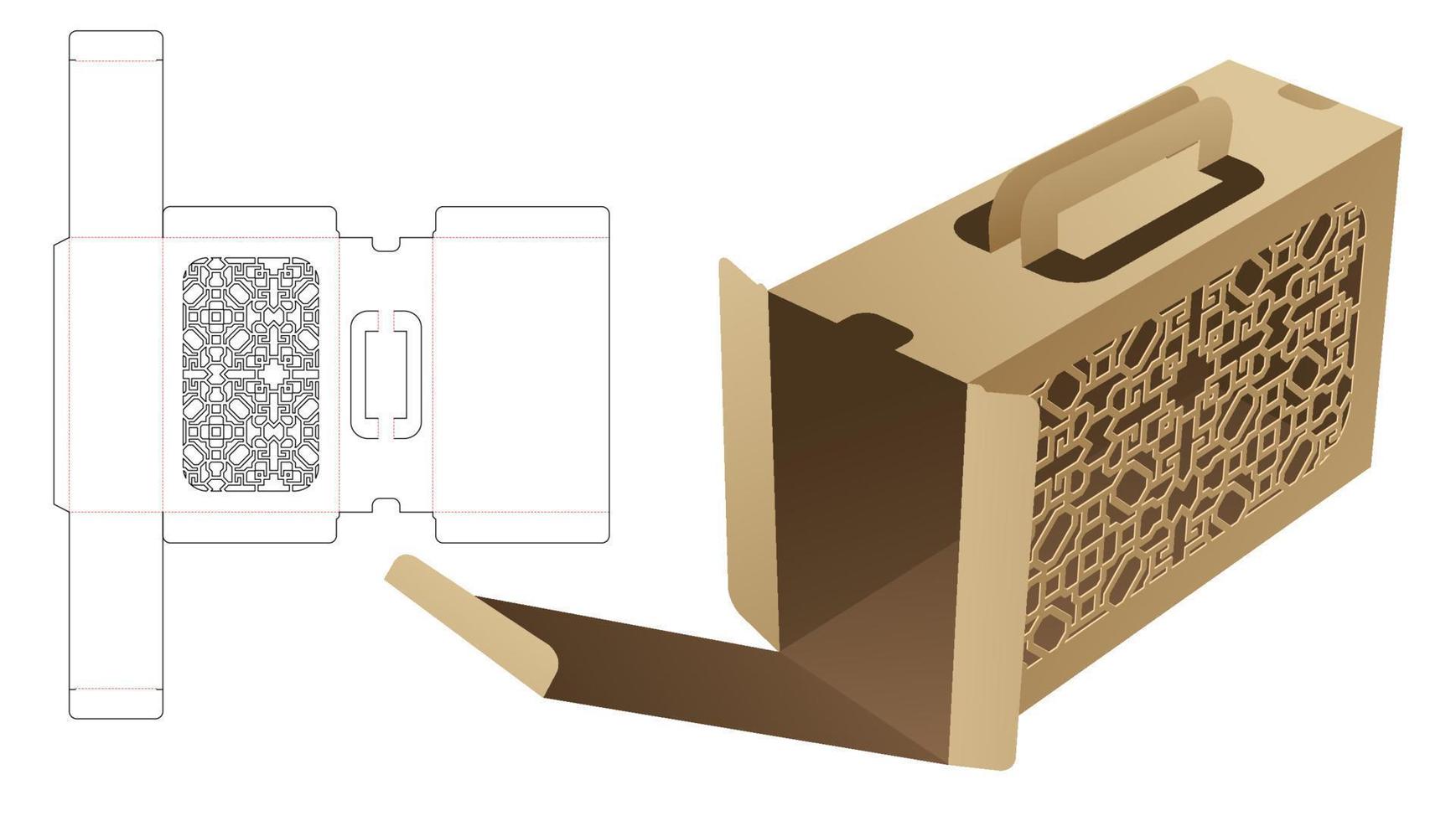 Handle packaging box with stenciled pattern die cut template and 3D mockup vector