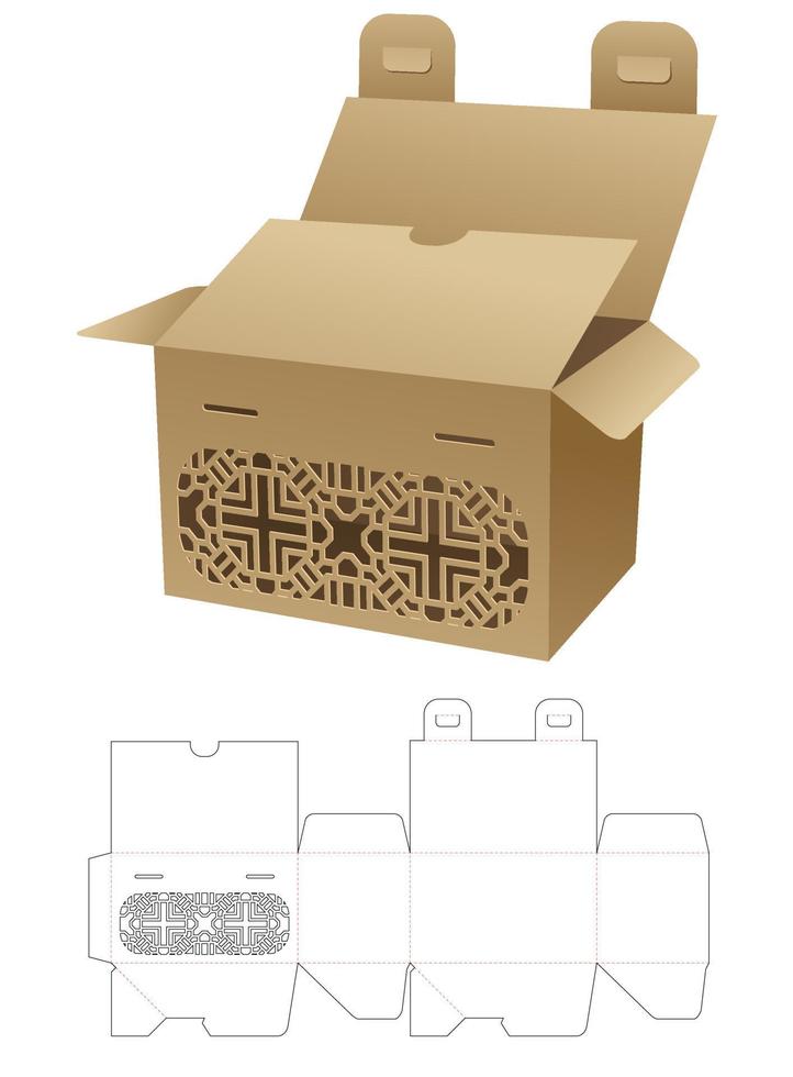 Caja de embalaje de 2 puntos con tapa y bloqueo con plantilla troquelada con patrón estampado y maqueta 3d vector