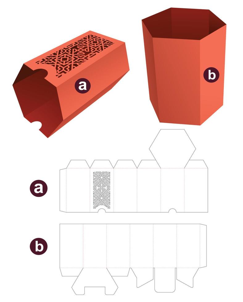 Tall hexagonal shaped box with stenciled tall hexagonal shaped lid die cut template and 3D mockup vector