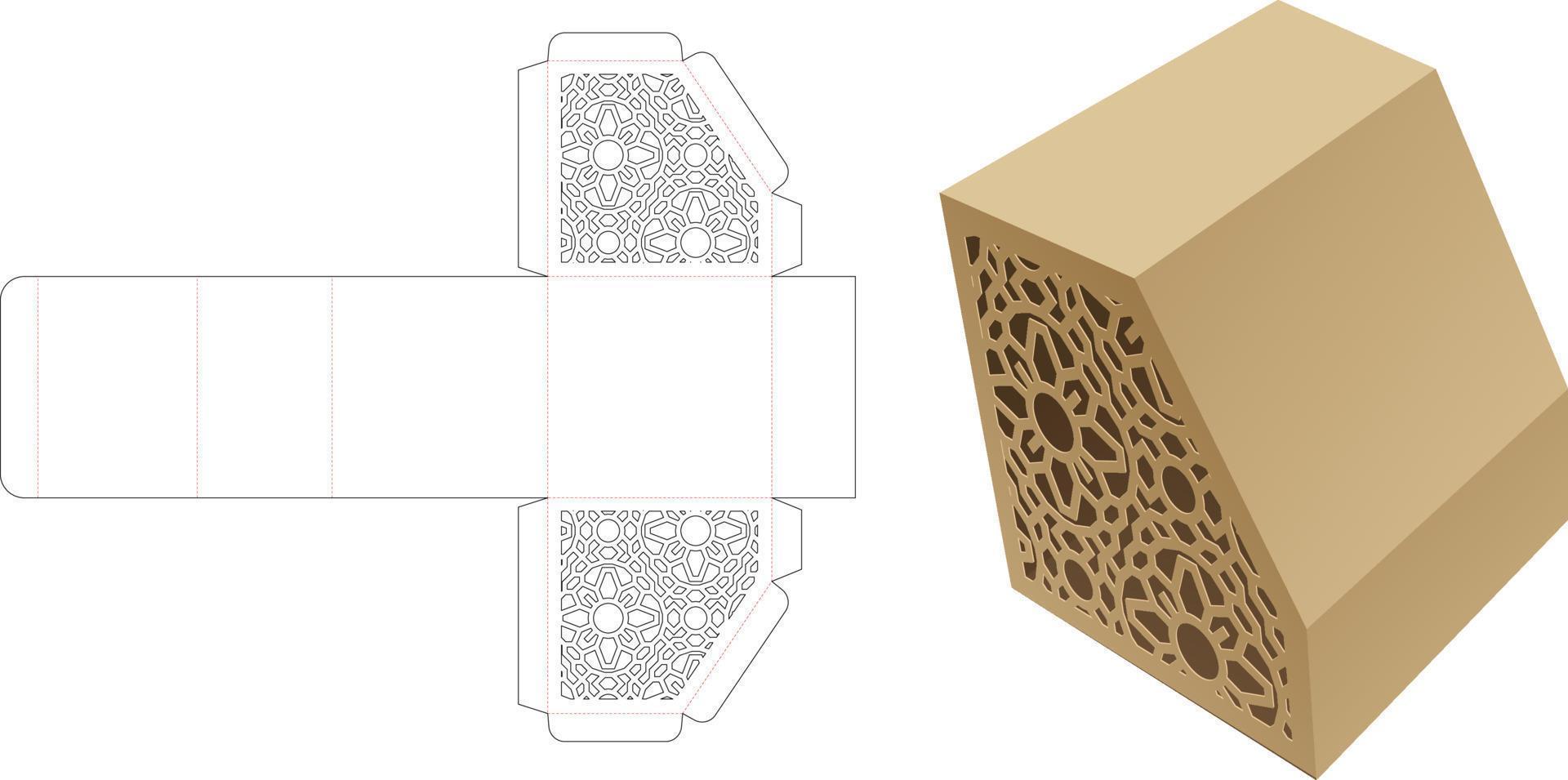 Chamfered box with stenciled pattern die cut template and 3D mockup vector