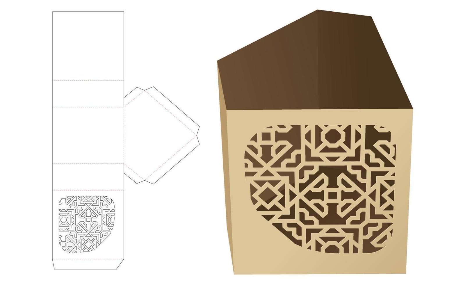 Diamond shaped stationery box with stenciled pattern die cut template and 3D mockup vector