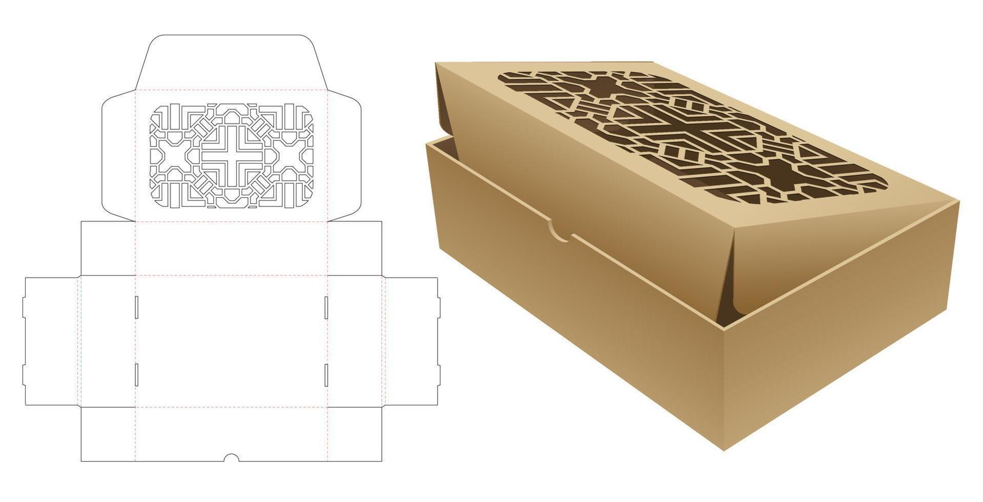 Bakery box with stenciled pattern on top die cut template and 3D mockup vector