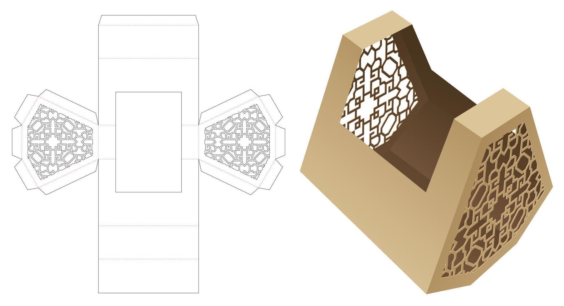 jewel shaped box with stenciled pattern die cut template and 3D mockup vector