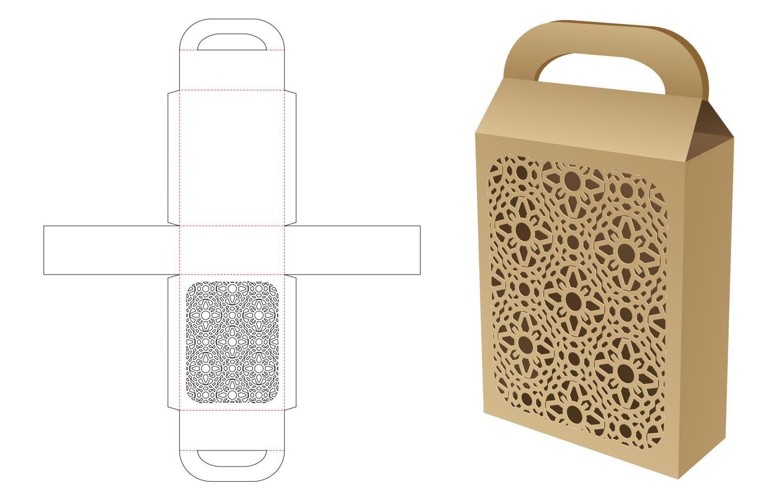 Handles bag with stenciled pattern die cut template and 3D mockup vector