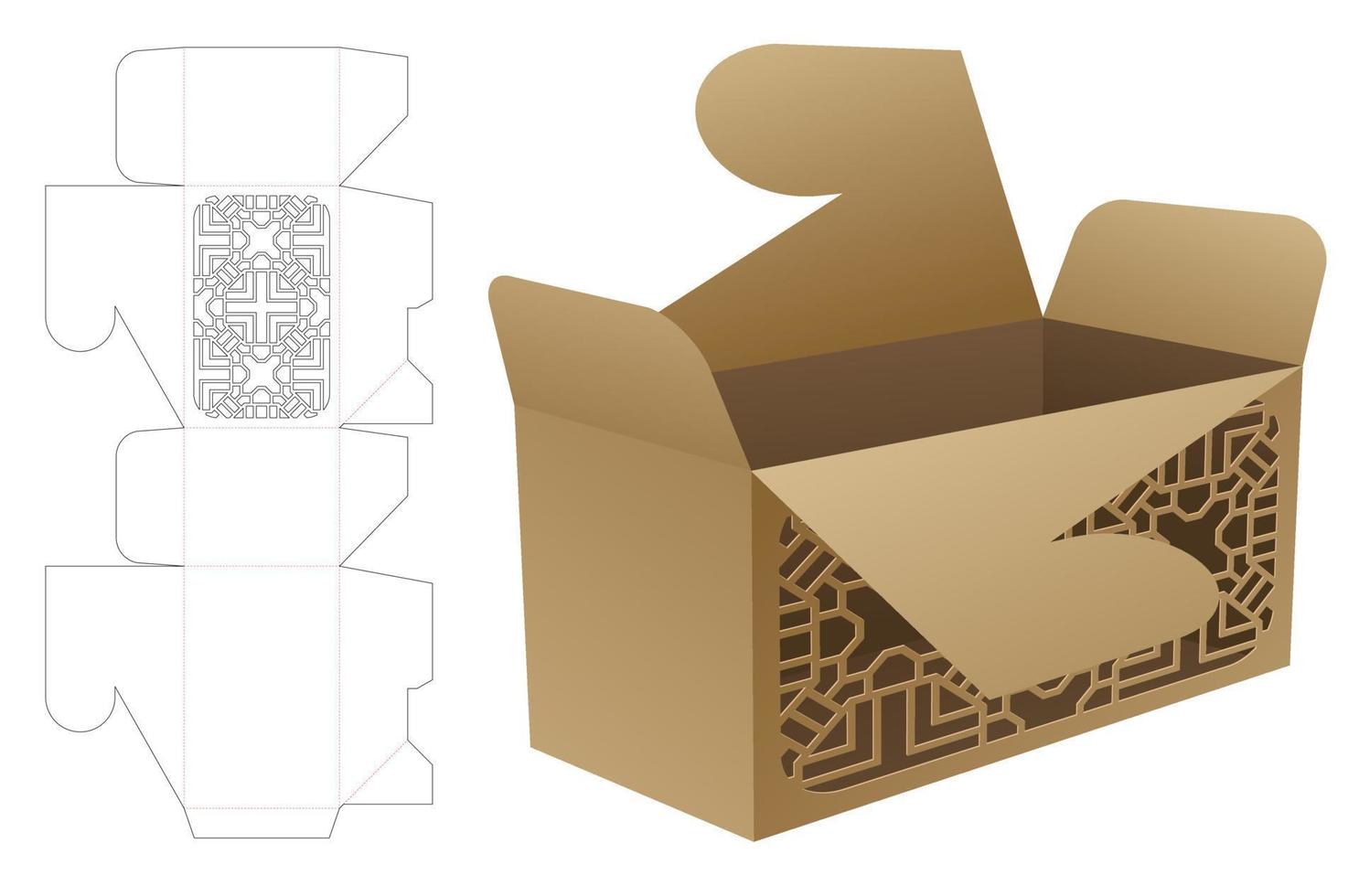 locked flip box with stenciled pattern die cut template and 3D mockup vector