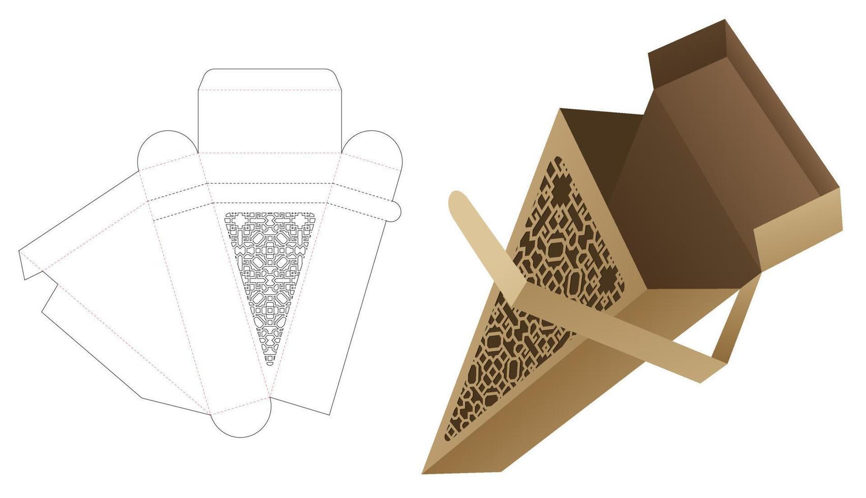 Zipping triangular packaging box with stenciled pattern die cut template and 3D mockup vector