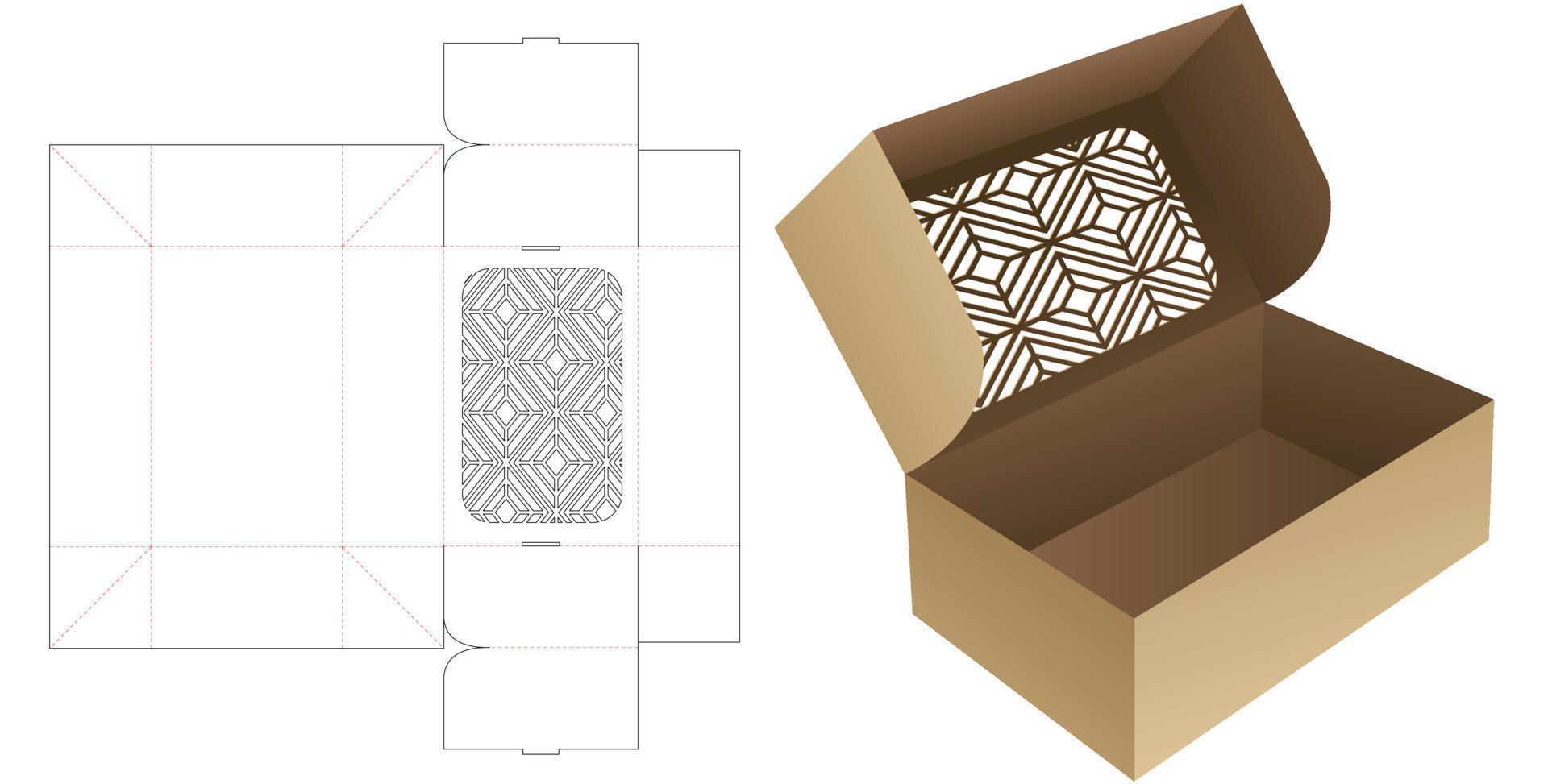 Folded box with stenciled geometric pattern die cut template and 3D mockup vector