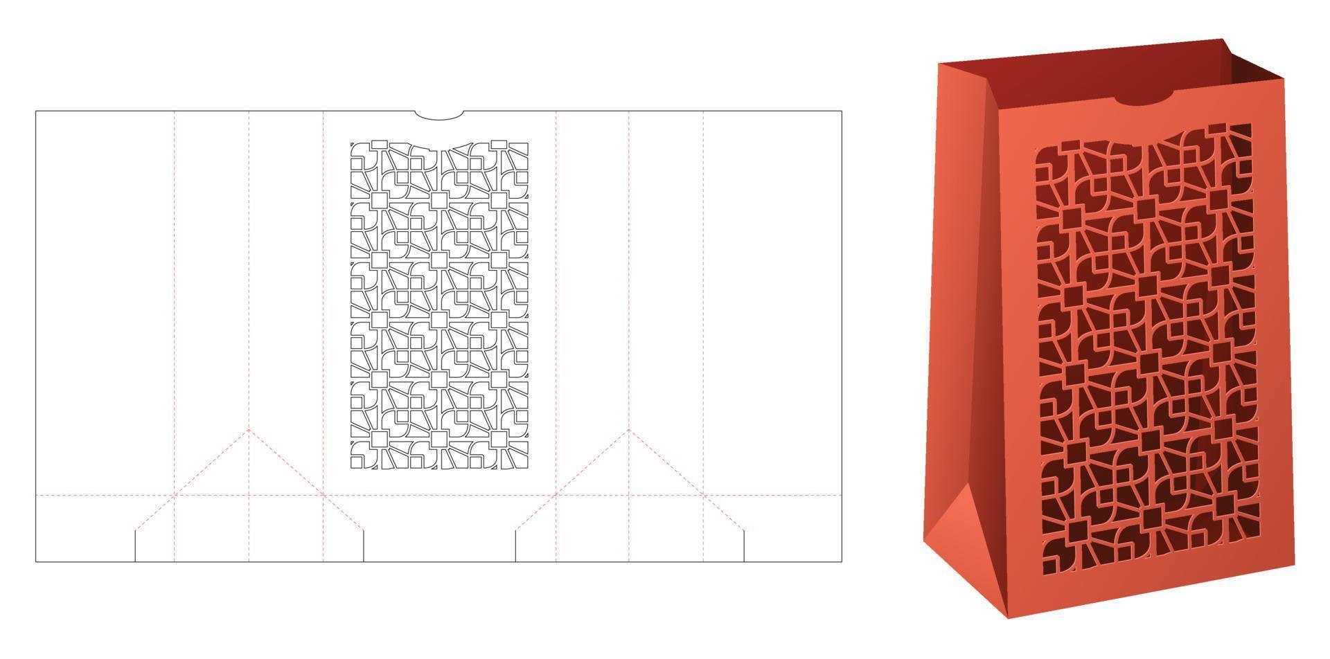 Paper bag with stenciled pattern die cut template and 3D mockup vector
