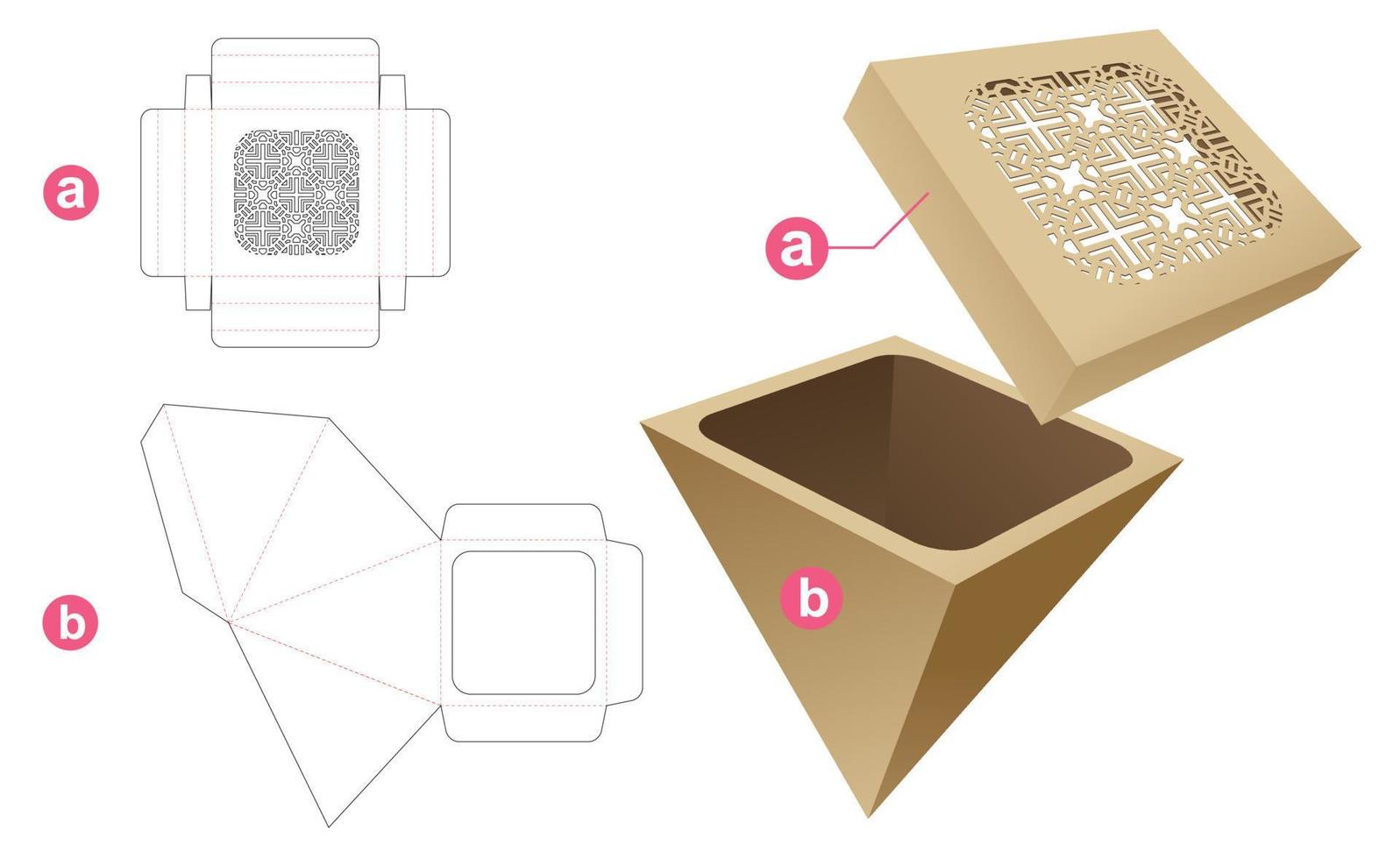 Cardboard pyramid box with stenciled pattern lid die cut template and 3D mockup vector