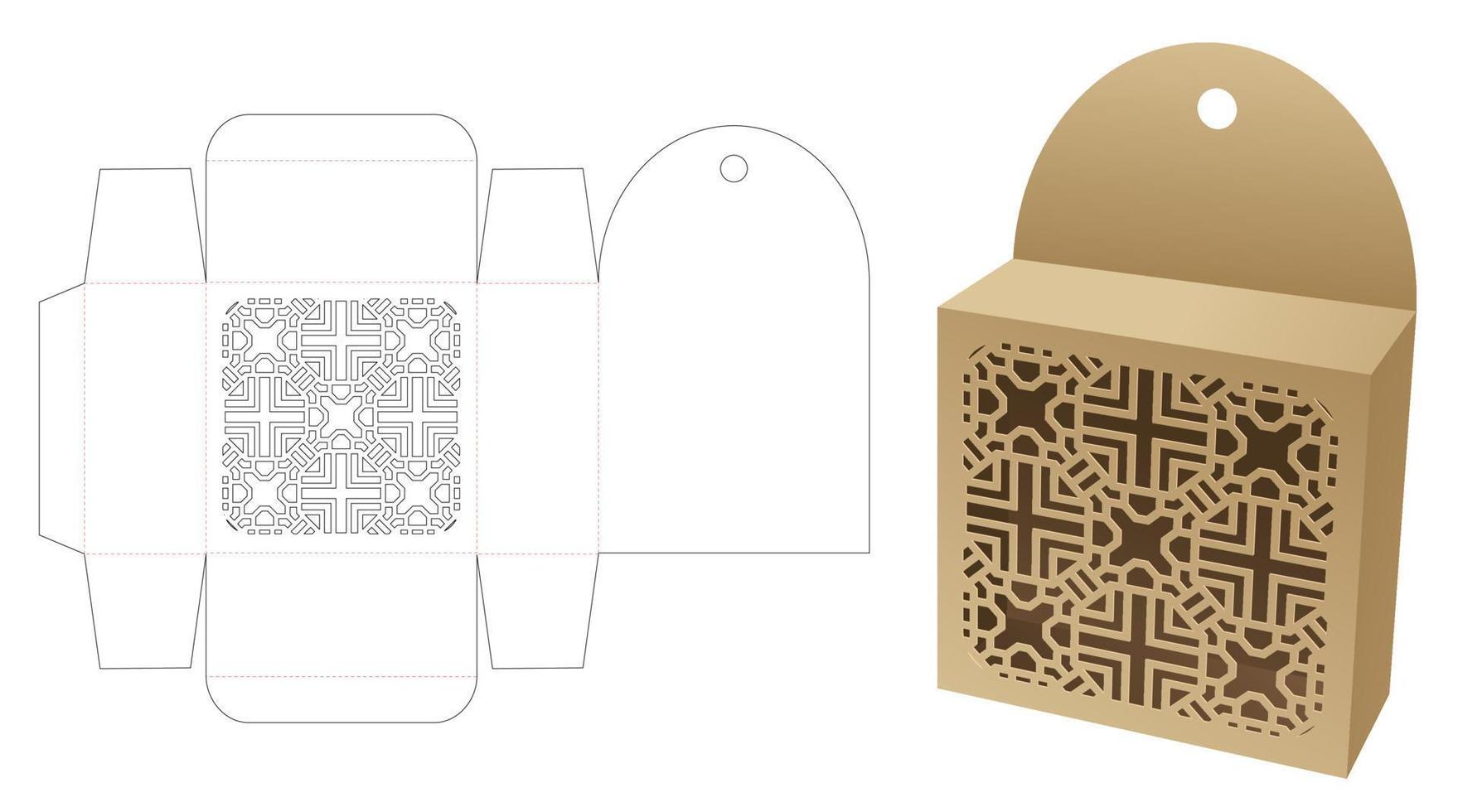 Hanging box with stenciled pattern window die cut template and 3D mockup vector