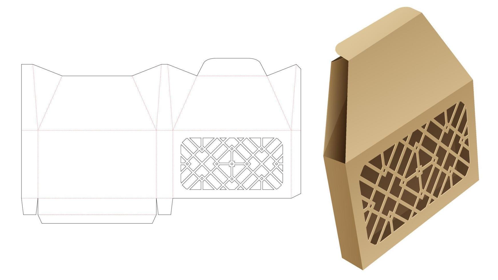 Tin unique box with stenciled geometric pattern die cut template and 3D mockup vector