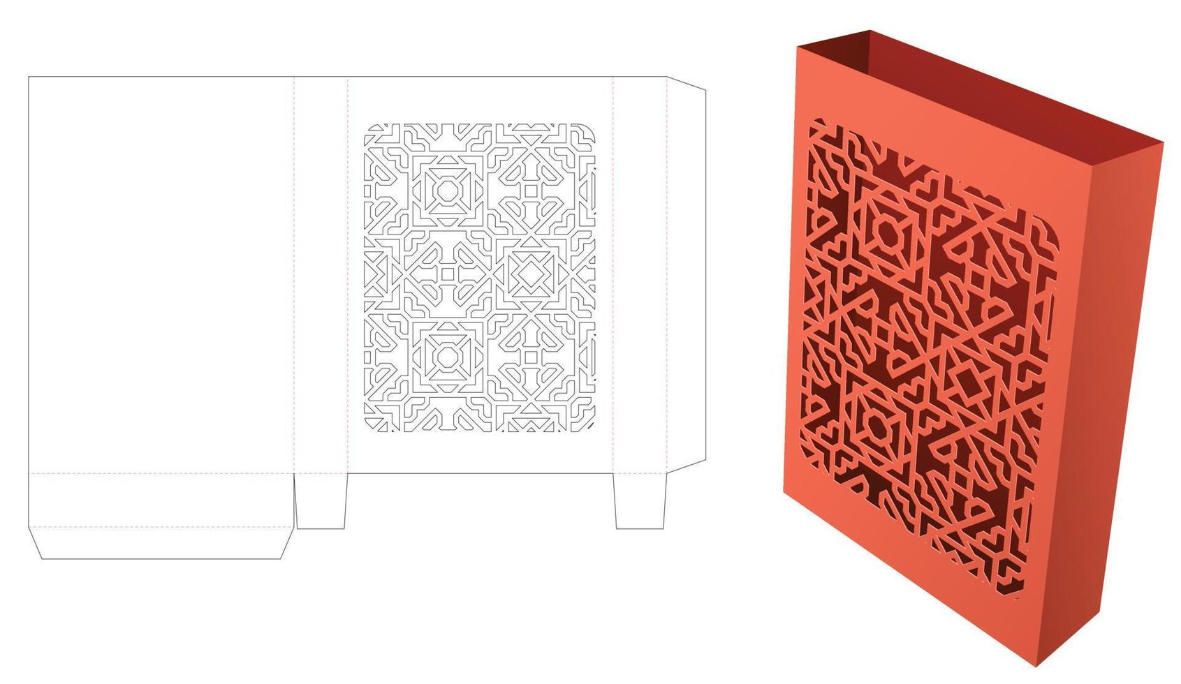 Tin document box with stenciled pattern die cut template and 3D mockup vector