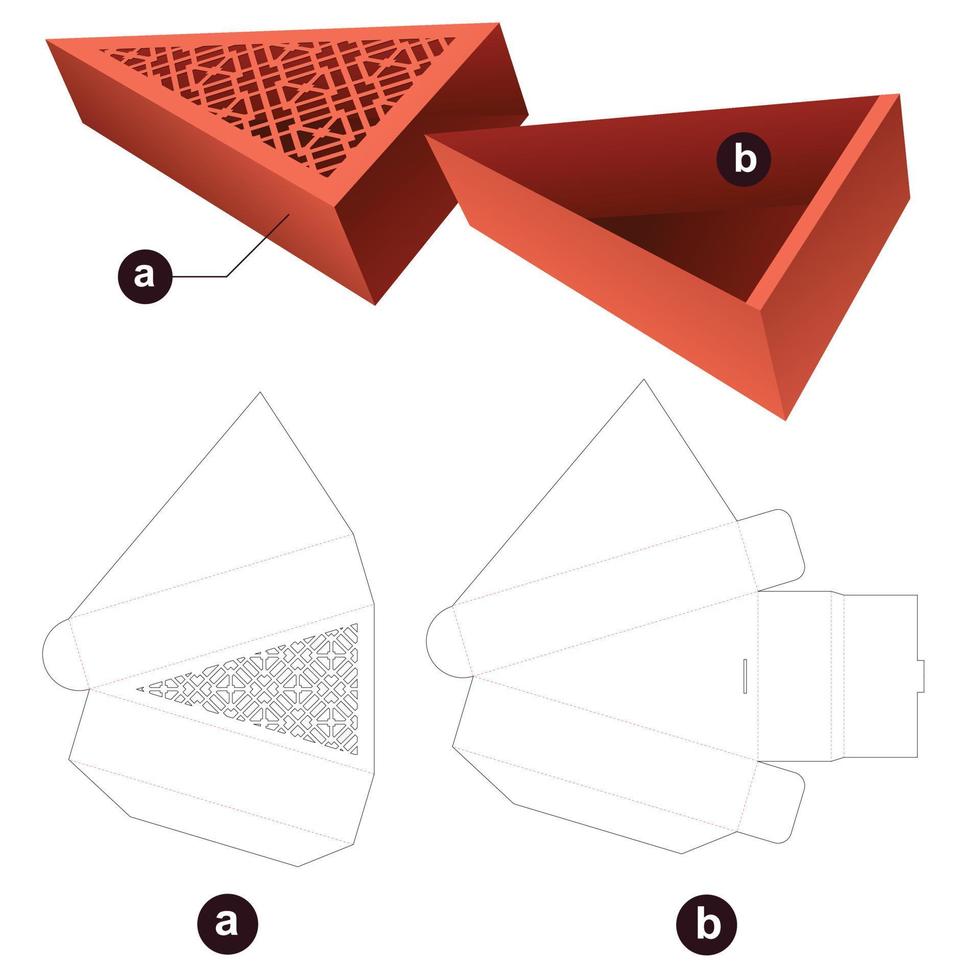 Sliding triangular box with stenciled pattern cover die cut template and 3D mockup vector