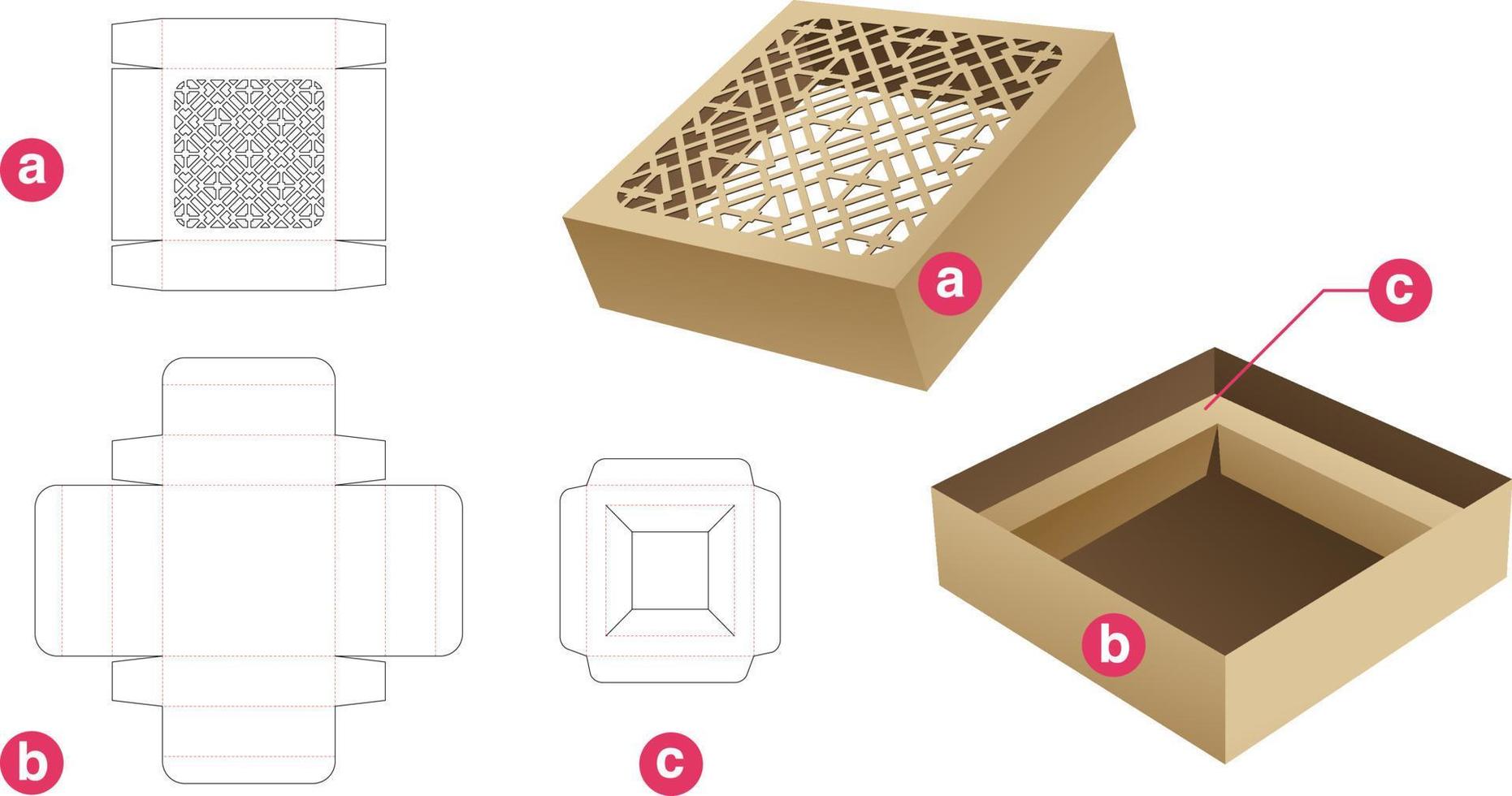 Tin packaging box and stenciled pattern lid with insert supporter die cut template and 3D mockup vector