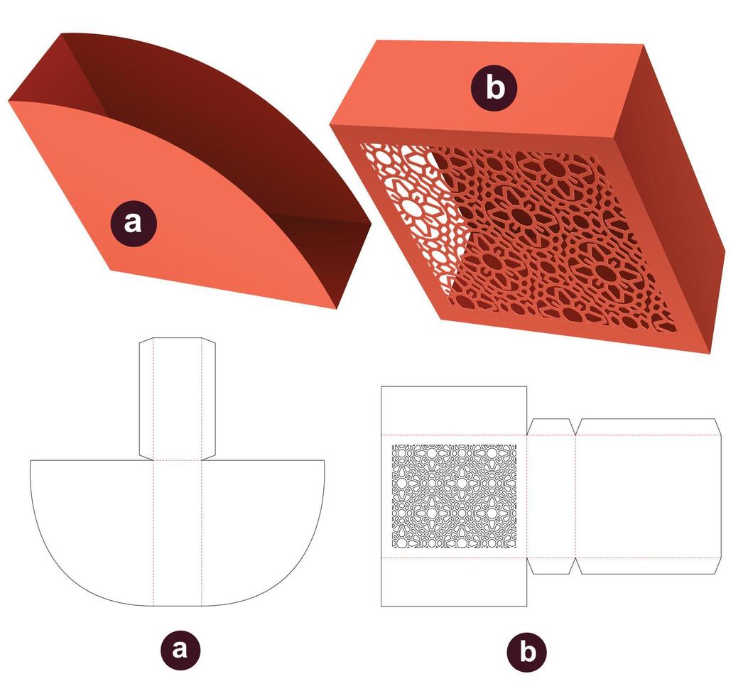 Sliding box and stenciled cover die cut template and 3D mockup vector