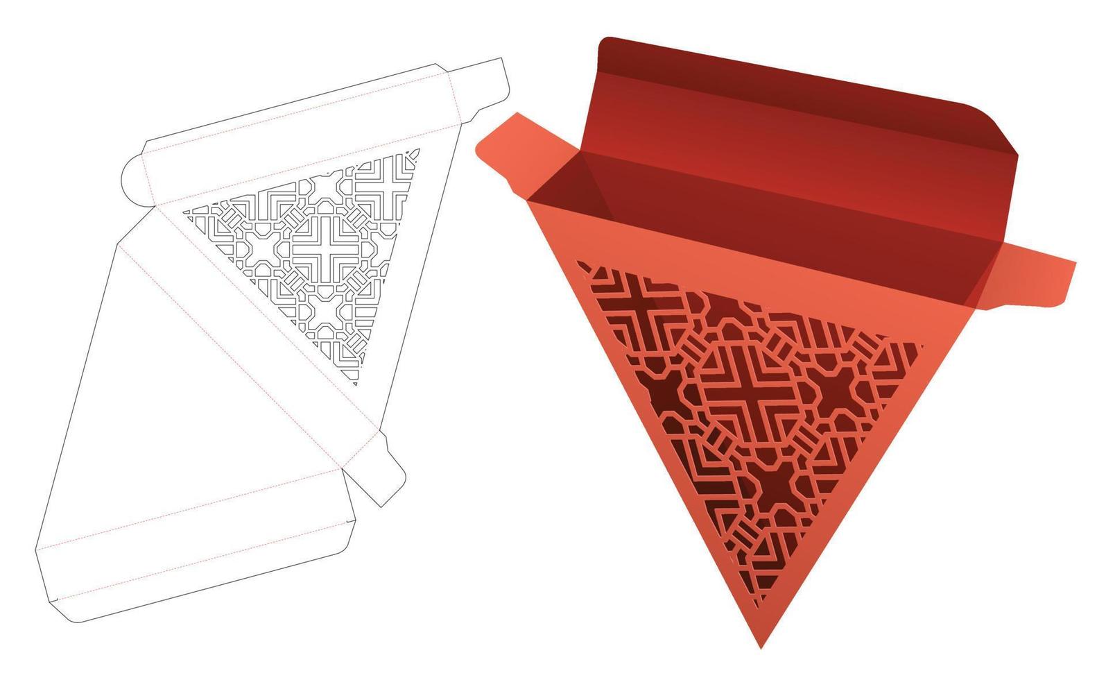 Tin triangular box with stenciled pattern die cut template and 3D mockup vector