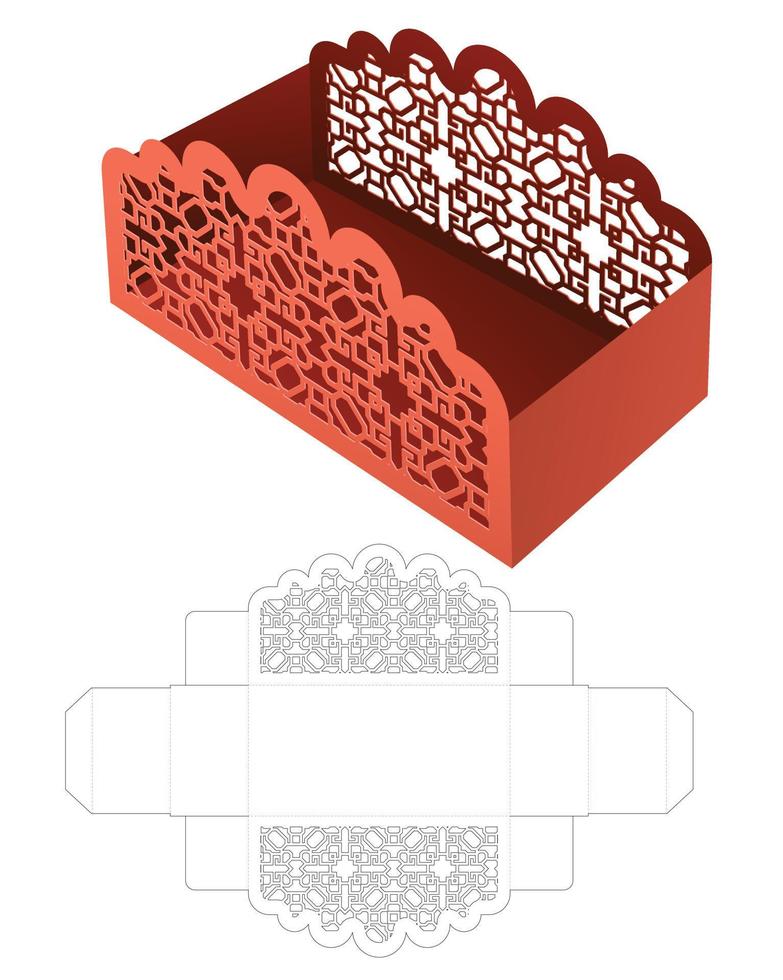 Stenciled snack container die cut template and 3D mockup vector
