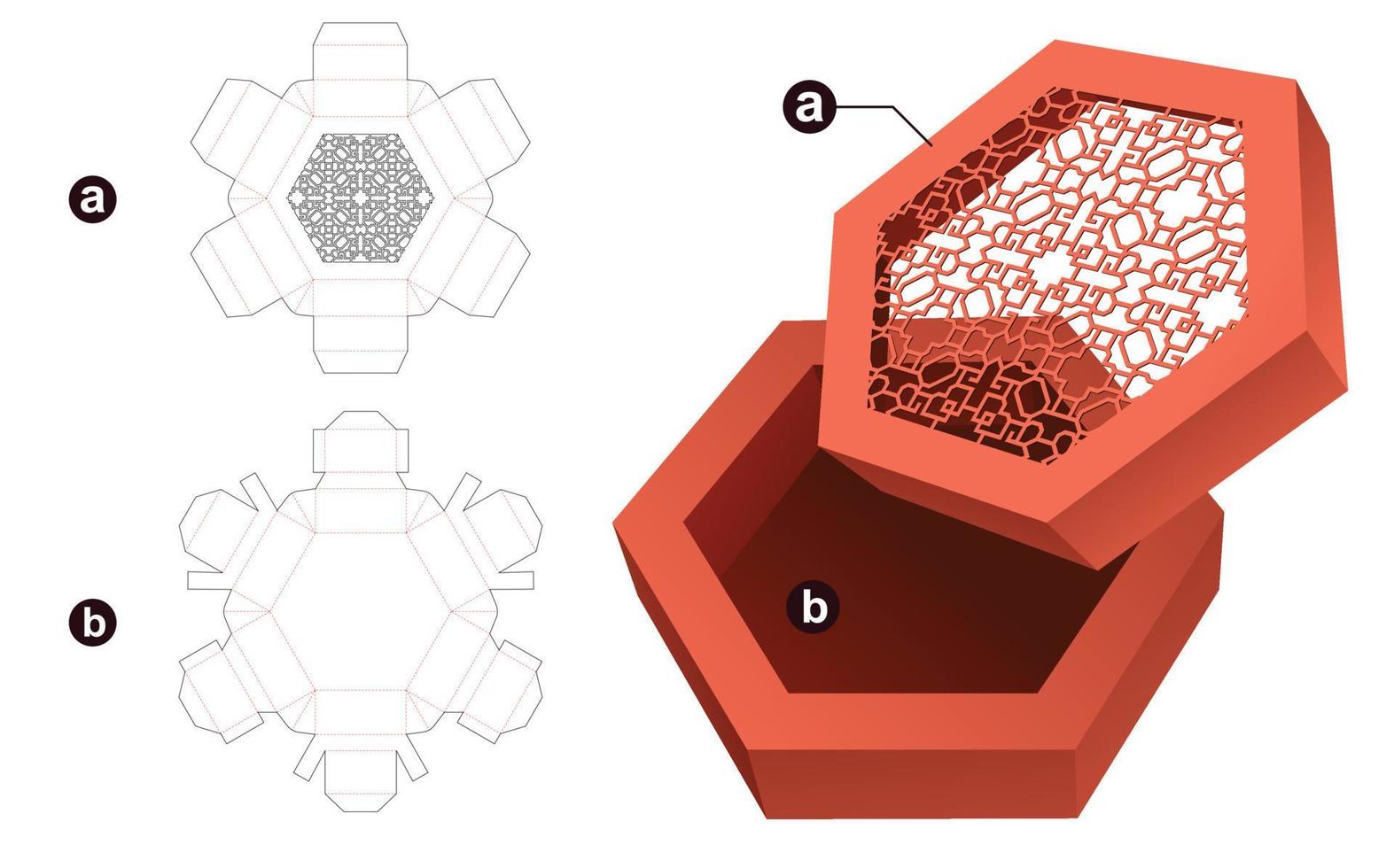 Hexagonal box with stenciled lid die cut template and 3D mockup vector