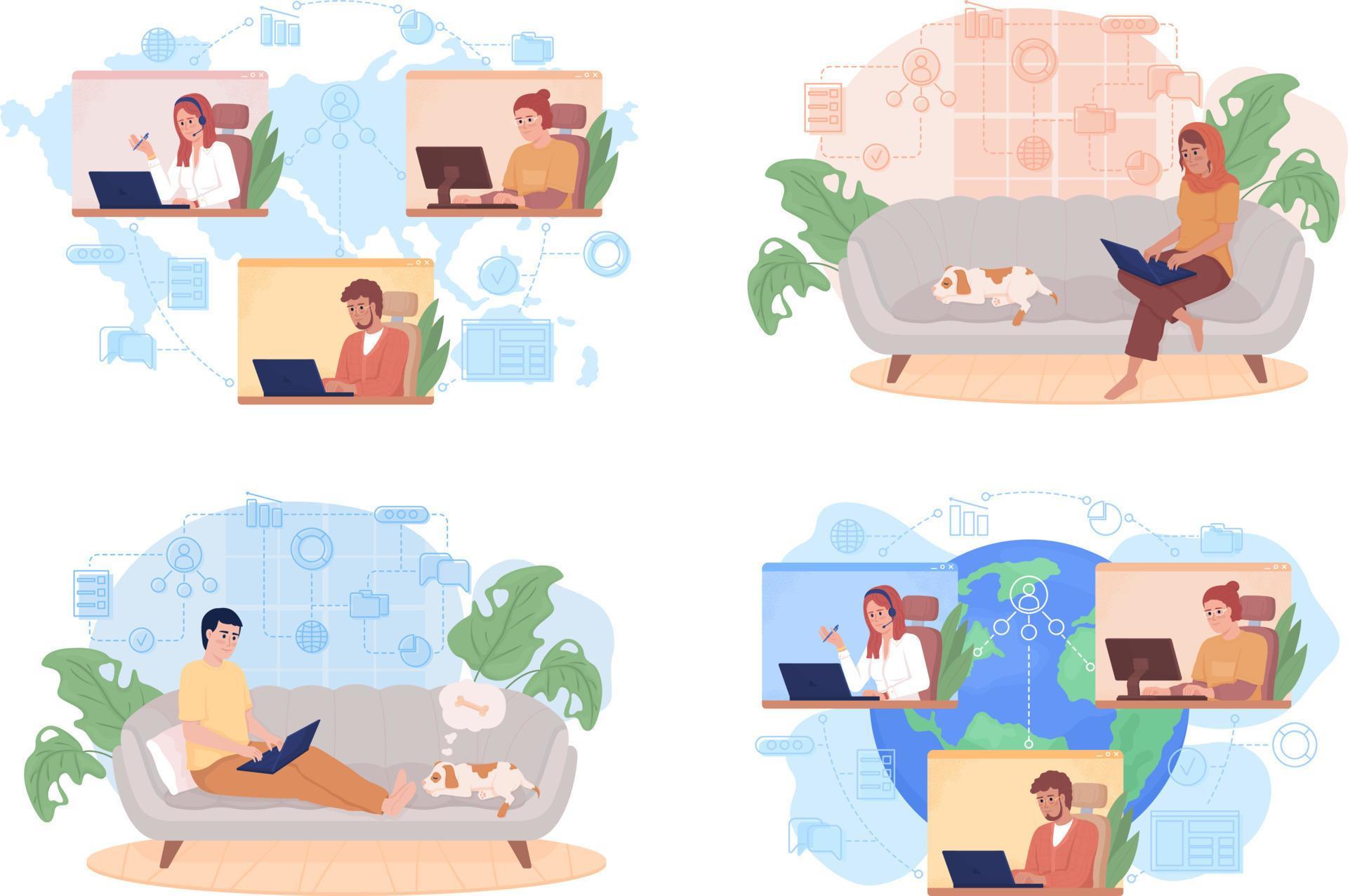 Working online 2D vector isolated illustration set 9968587 Vector Art ...