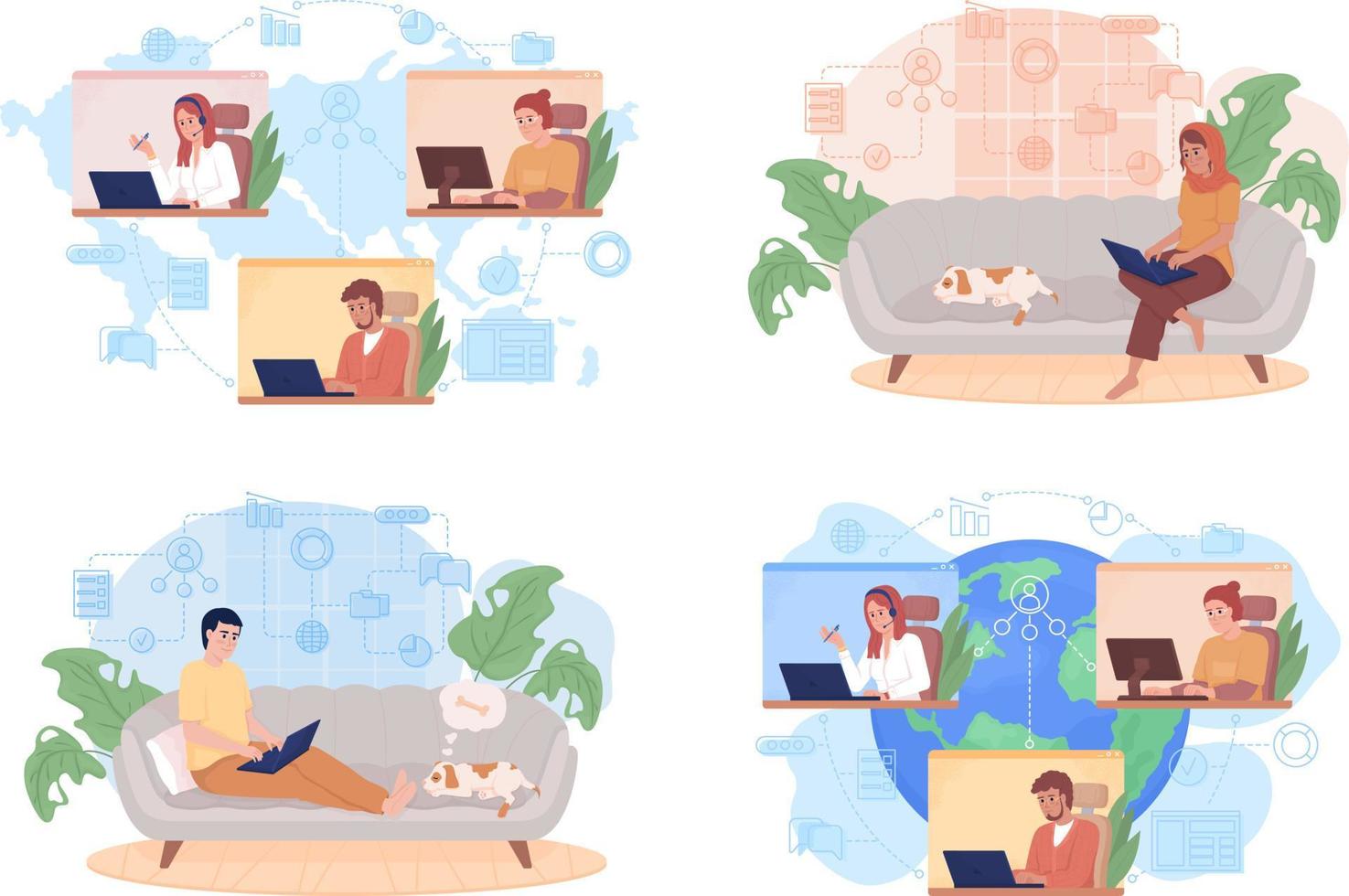 Working online 2D vector isolated illustration set