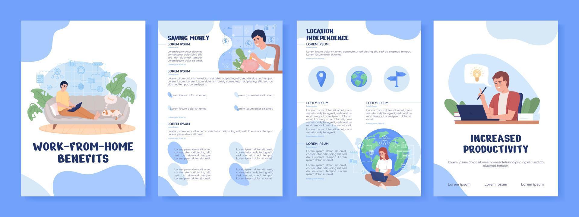 Work from home benefits flat vector brochure template. Booklet, leaflet printable flat color designs. Editable magazine page, reports kit with text space