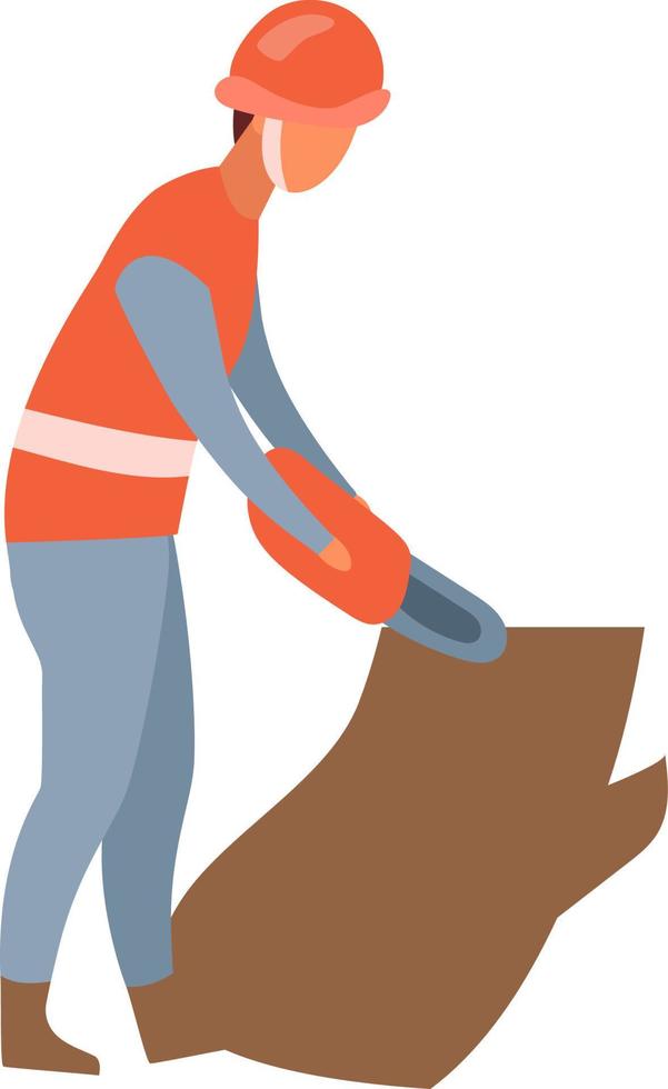 Worker cutting tree with chainsaw semi flat color vector character