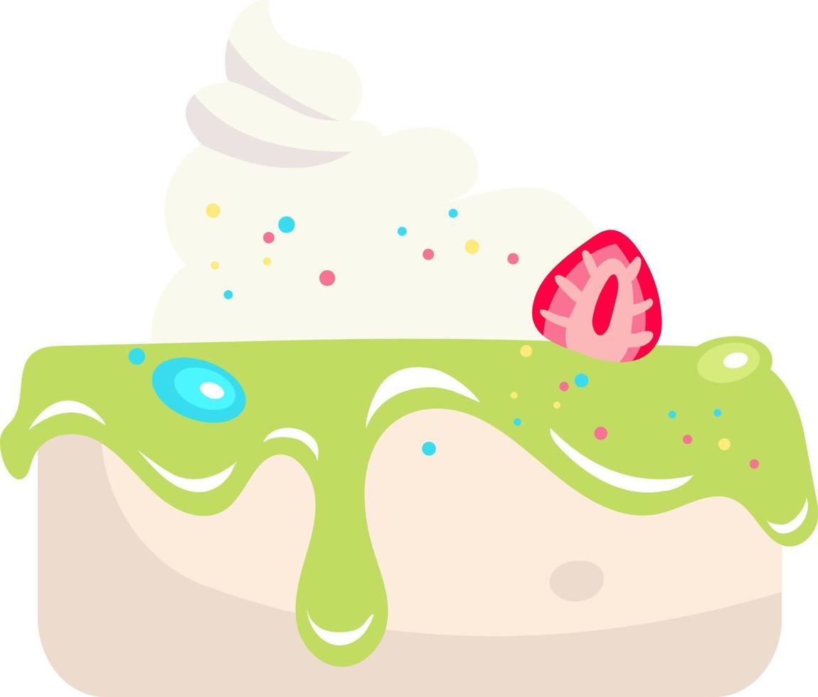 pastel con crema batida y objeto vectorial de color semiplano de fresa. sabroso postre. artículo de tamaño completo en blanco. ilustración de estilo de dibujos animados simple de confitería para diseño gráfico web y animación vector