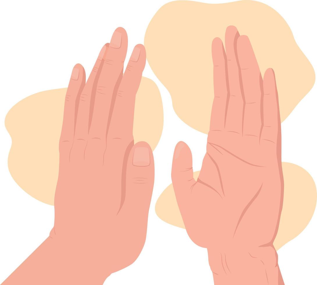 High five 2D vector isolated illustration. Up high flat hand gesture on cartoon background. Slap hand. Greetings and congratulation colourful editable scene for mobile, website, presentation