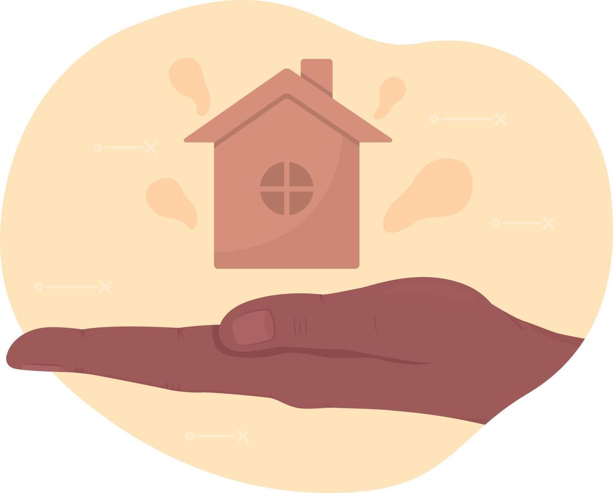 House purchase special offer 2D vector isolated illustration. Holding home flat hand gesture on cartoon background. Housing help colourful editable scene for mobile, website, presentation