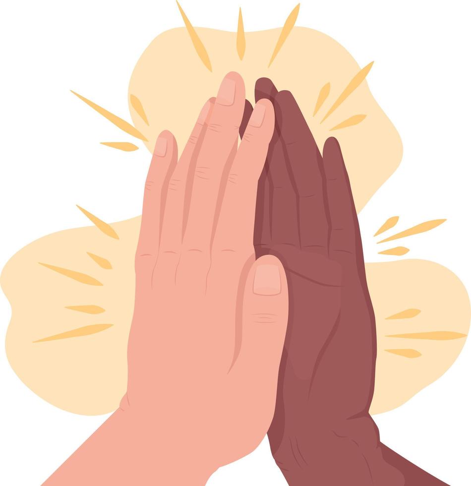 Give me five gesture 2D vector isolated illustration. Greetings flat hand gesture on cartoon background. Share views with partner colourful editable scene for mobile, website, presentation