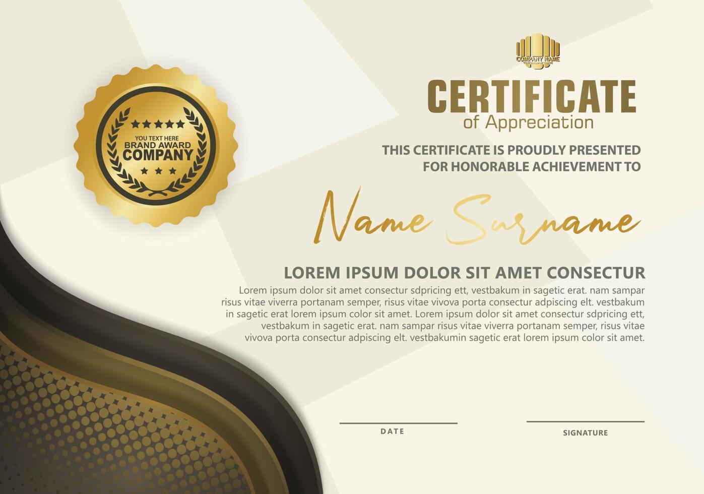 luxury and elegant certificate template with halftone texture on curved shape ornate and modern pattern background vector