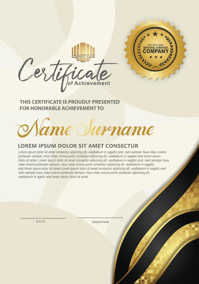 Luxury vertical modern certificate template with black and gold flow lines effect ornament on texture pattern background, vector