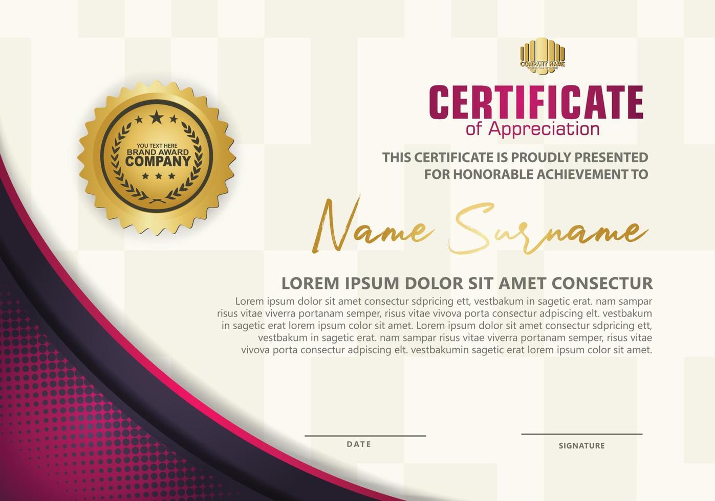 luxury and elegant certificate template with halftone texture on curved shape ornate and modern pattern background vector