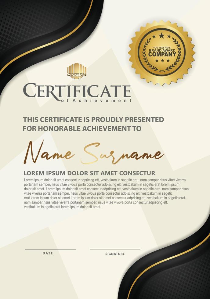 Luxury vertical modern certificate template with black and gold flow lines effect ornament on texture pattern background, vector