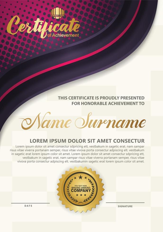 Luxury vertical modern certificate template with dark purple flow lines effect ornament on texture pattern background, vector