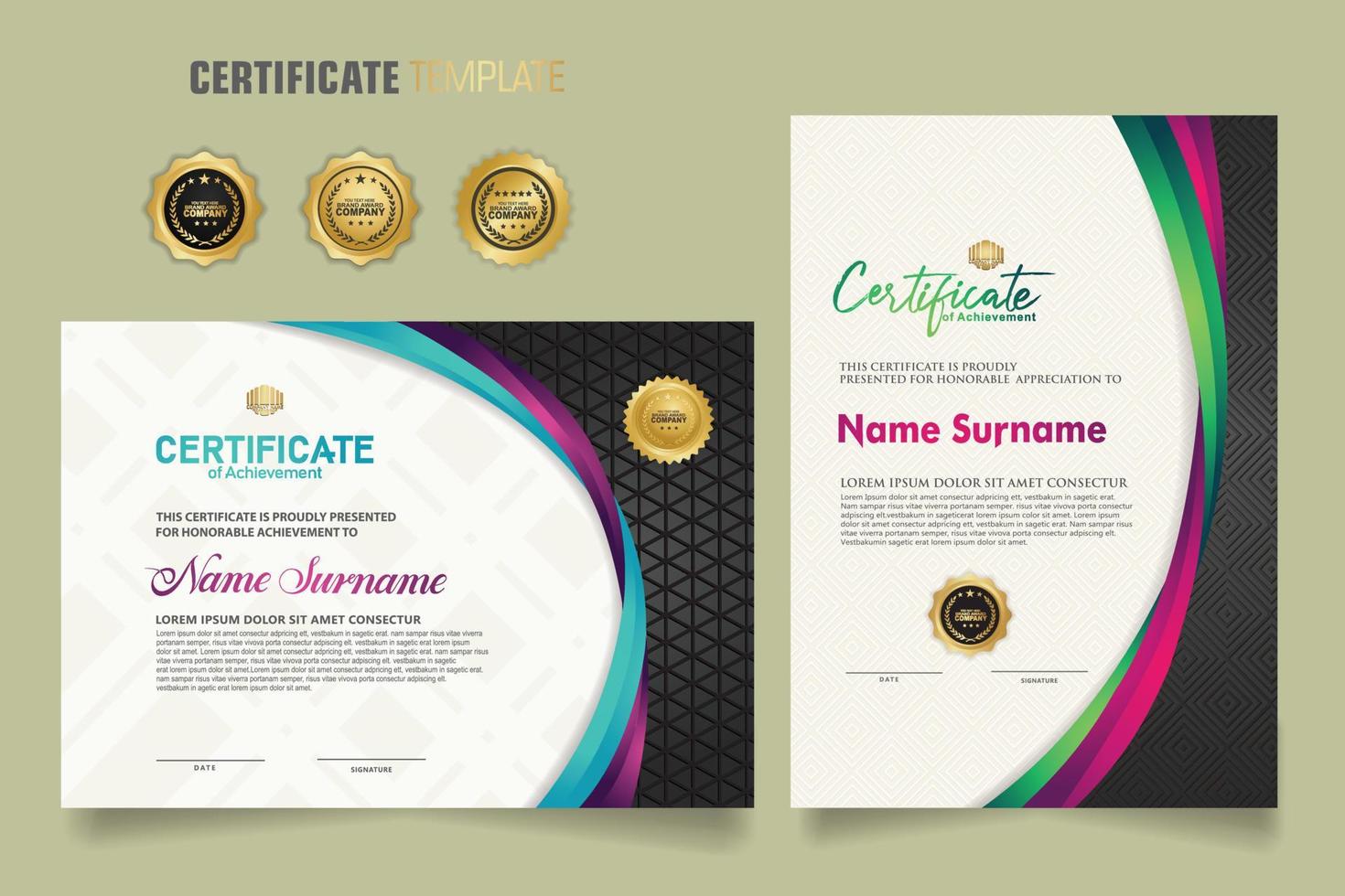 Luxury certificate template with dynamic and attractive colors on curved line shape ornament modern pattern vector
