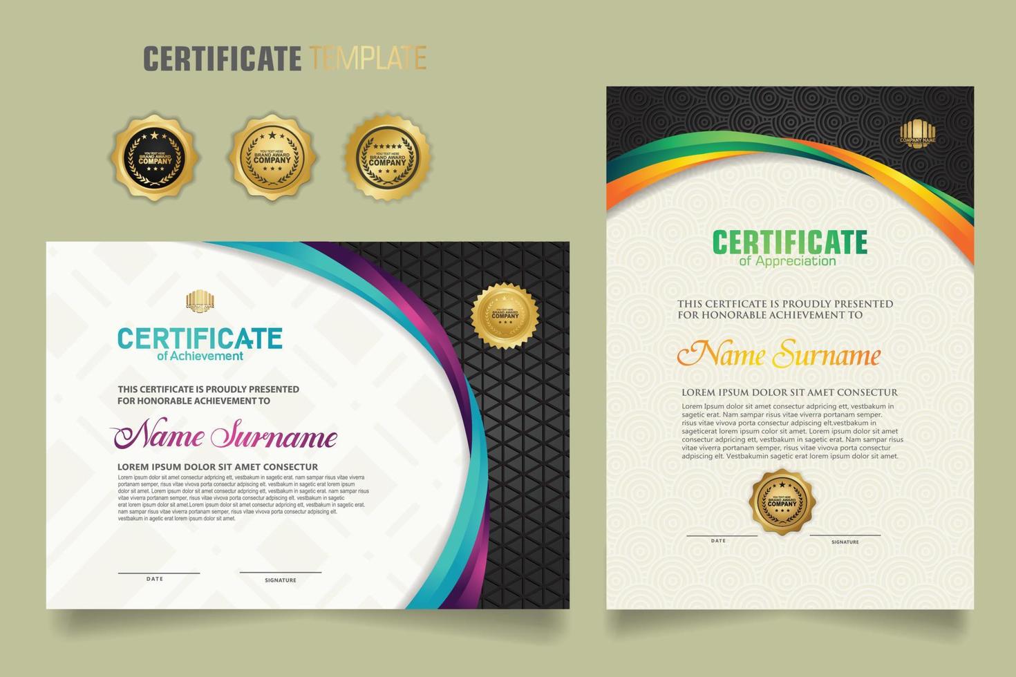 plantilla de certificado de lujo con colores dinámicos y atractivos en forma de línea curva ornamento patrón moderno vector
