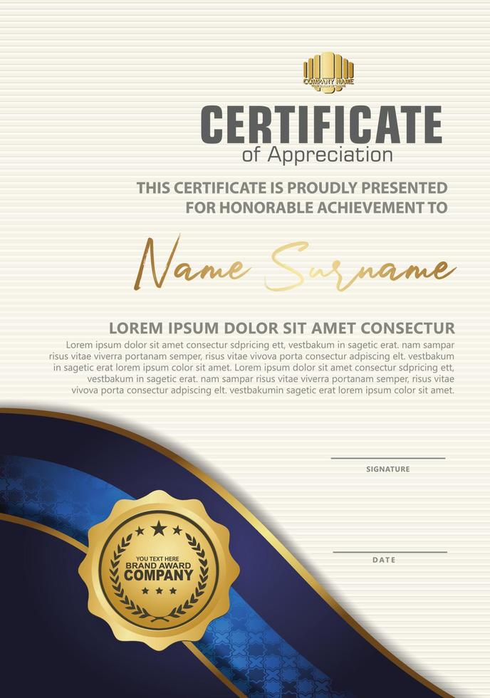 Luxury vertical modern certificate template with blue and gold flow lines effect ornament on texture pattern background, vector