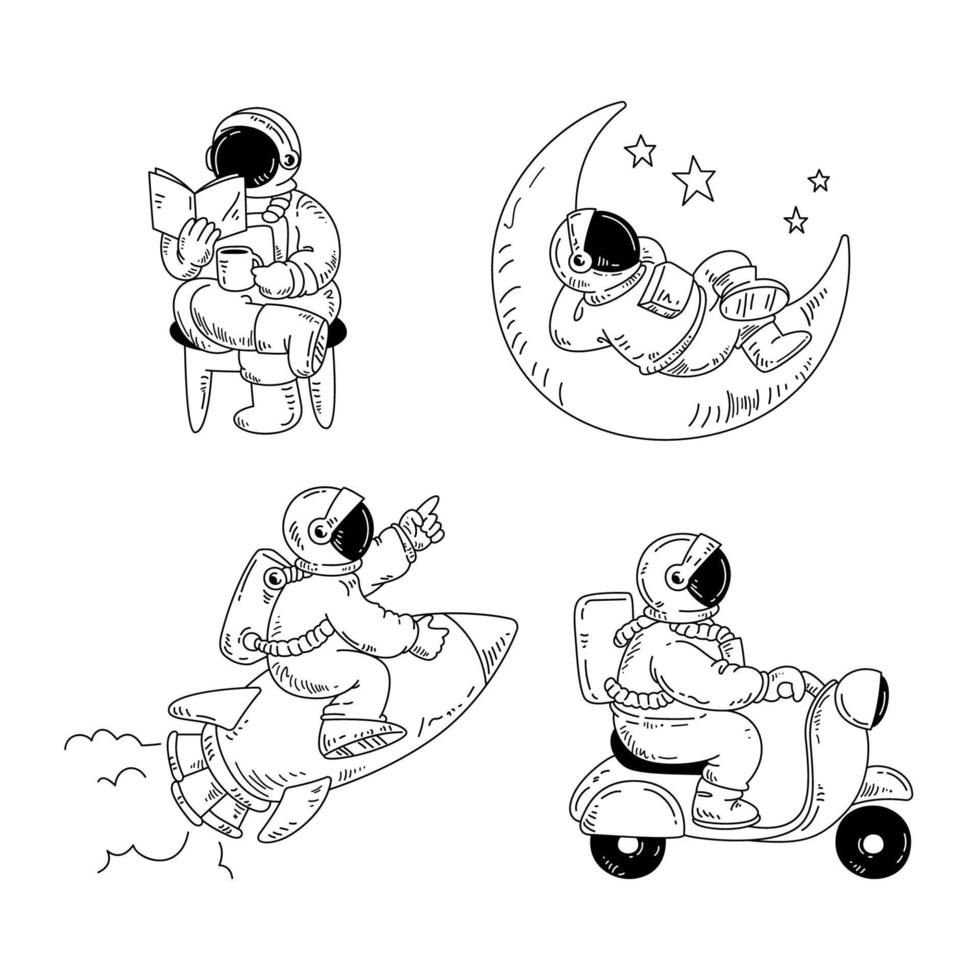 personajes de astronautas minimalistas dibujados a mano vector