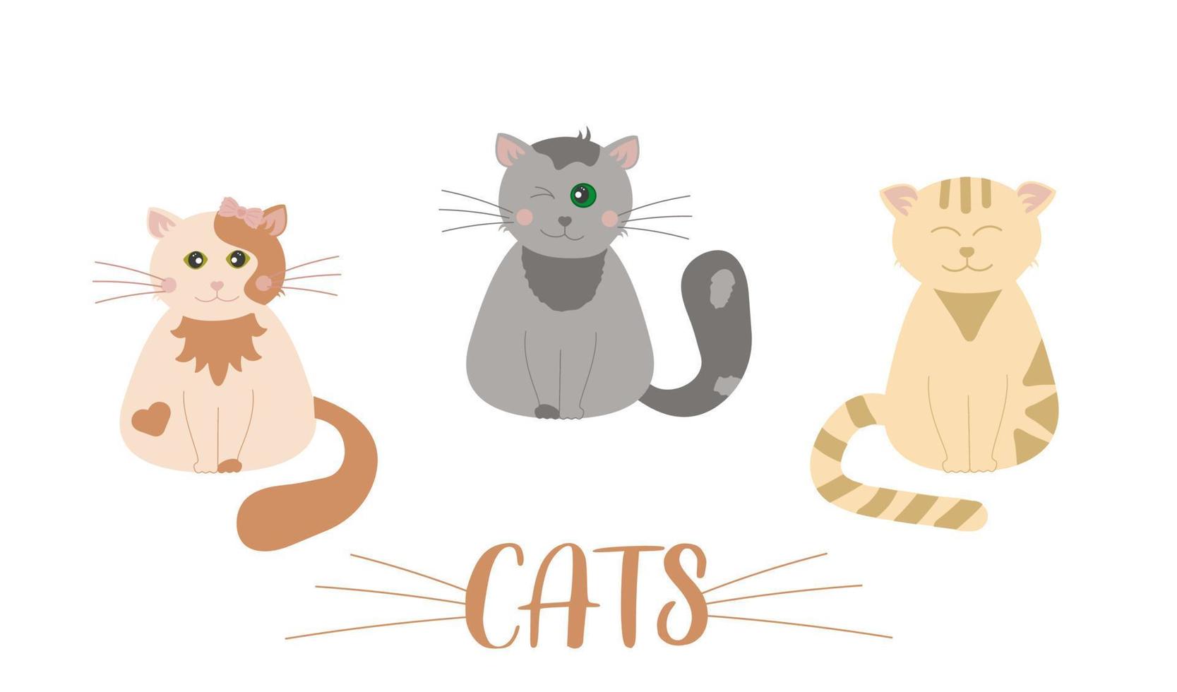 divertidos y lindos gatitos de dibujos animados. gris, jengibre, melocotón con lazo. sonriendo, guiñando un ojo, ojos cerrados. letras de gato con bigote, vector. postal, portada, afiche, fondo. vector