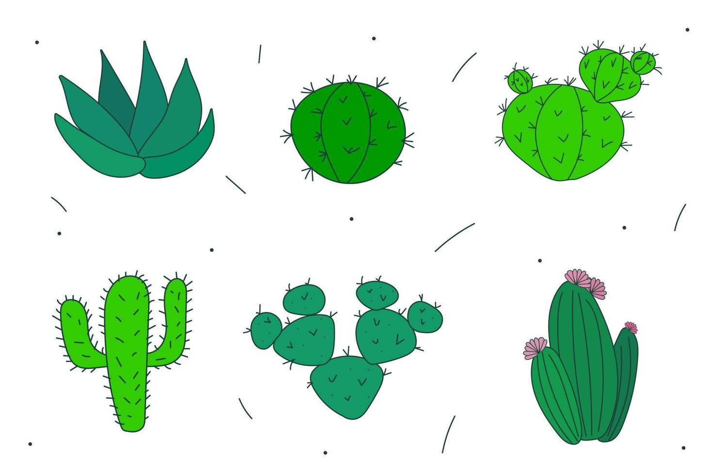 conjunto vectorial de cactus brillantes, aloe y hojas. colección de plantas exóticas. los elementos naturales decorativos están aislados en blanco. cactus con flores. vector