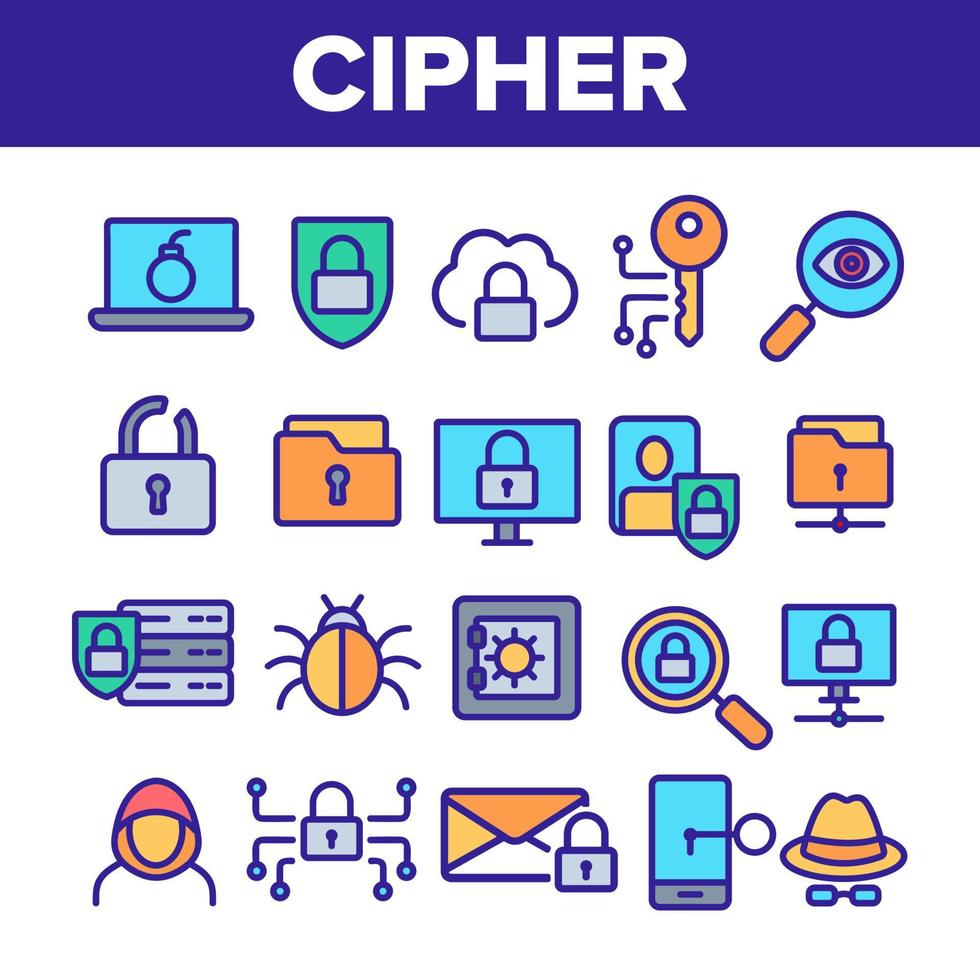 Cipher, Data Protection Linear Vector Icons Set