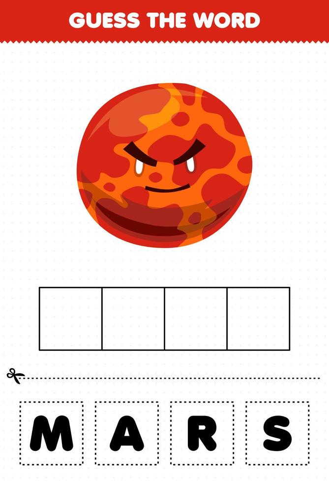 Education game for children guess the word letters practicing cute cartoon solar system object mars planet vector