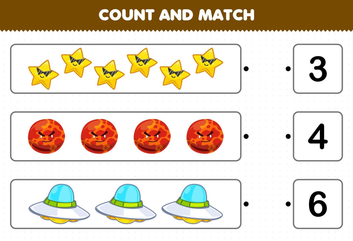 Education game for children count and match count the number of cute cartoon solar system star mars planet ufo and match with the right numbers printable worksheet vector