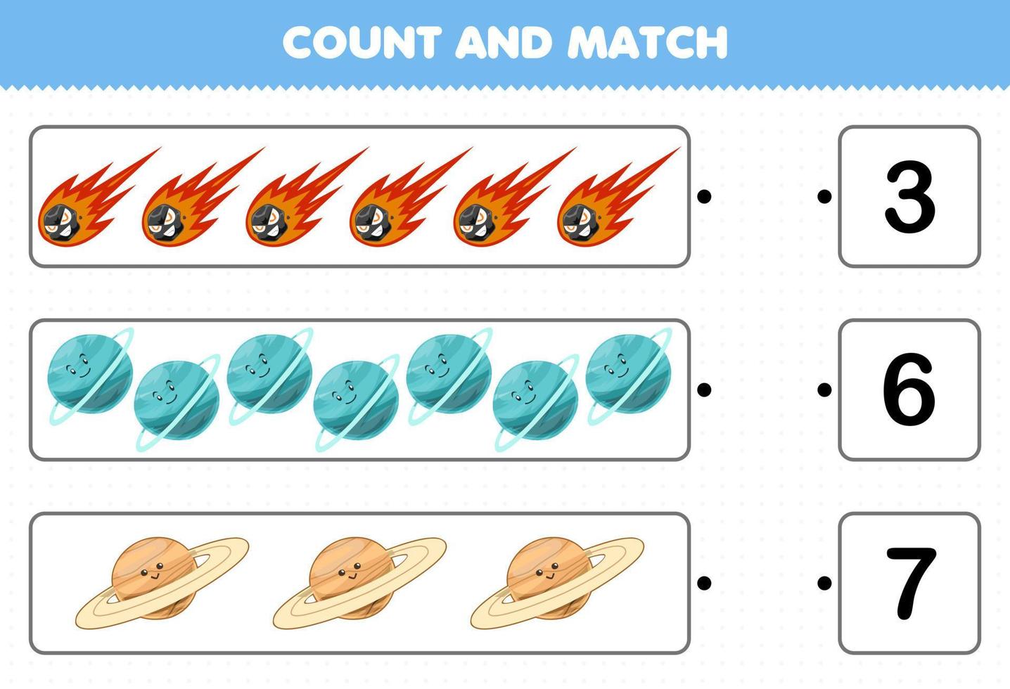 Education game for children count and match count the number of cute cartoon solar system comet uranus saturn planet and match with the right numbers printable worksheet vector