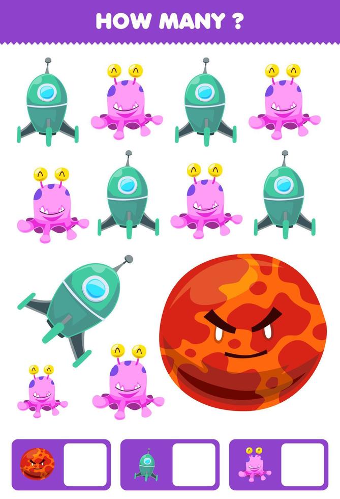 Education game for children searching and counting how many objects cute cartoon solar system planet rocket alien vector