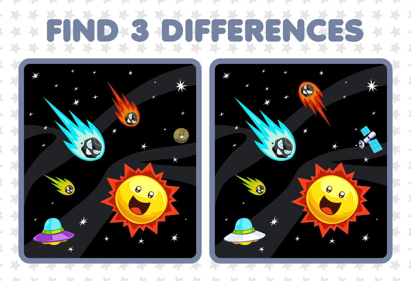 Education game for children find three differences between two cute cartoon solar system comet sun ufo vector