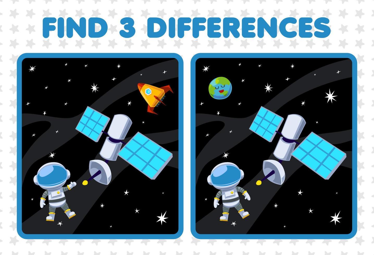 juego educativo para niños encuentra tres diferencias entre dos lindos dibujos animados sistema solar satélite astronauta tierra planeta cohete vector