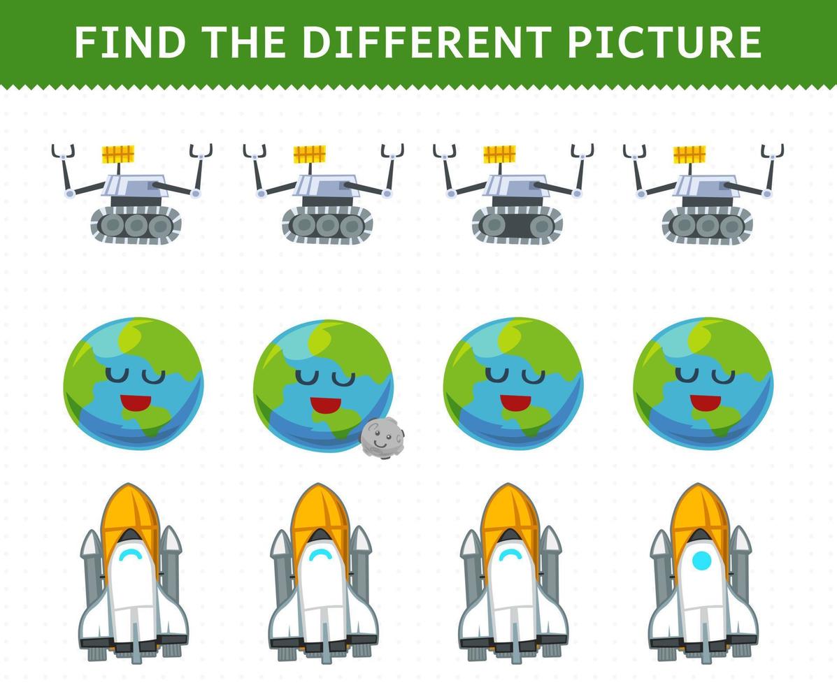 Education game for children find the different picture in each row cute cartoon solar system robot earth planet spaceship vector