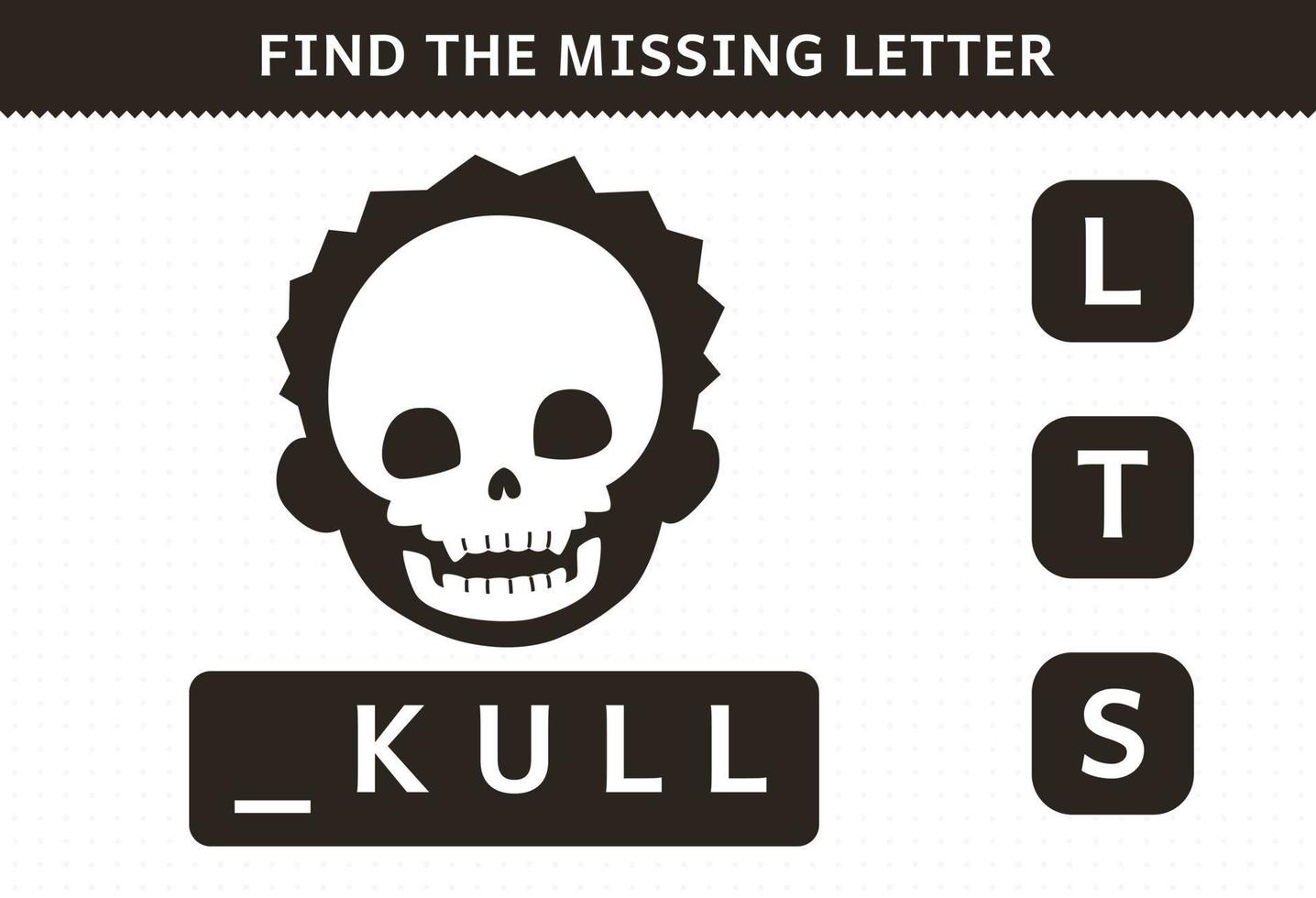 Education game for children find missing letter cute cartoon human organ skull worksheet vector